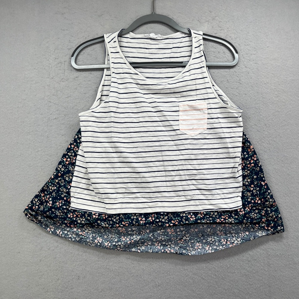 THML Tank Top Womens M White Blue Stripe Floral Peplum Boho Casual‎